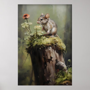 Maus auf Baumstumpf Wald Druck, Dark Academia Tier Poster