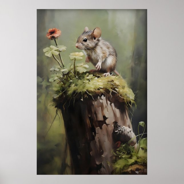 Maus auf Baumstumpf Wald Druck, Dark Academia Tier Poster (Vorne)
