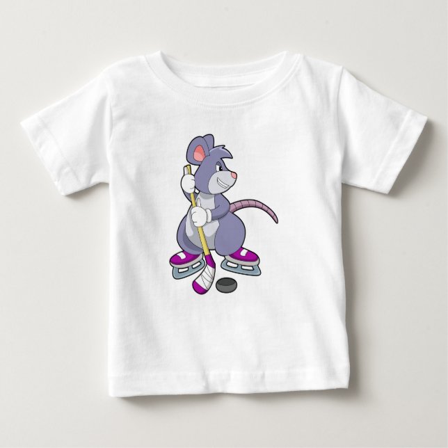 Maus bei Eishockey mit Eishockeystick mit Eishocke Baby T-shirt (Vorderseite)