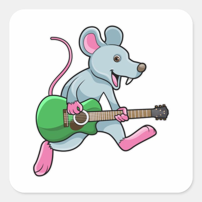 Maus bei Musik mit Gitarre Quadratischer Aufkleber (Vorderseite)