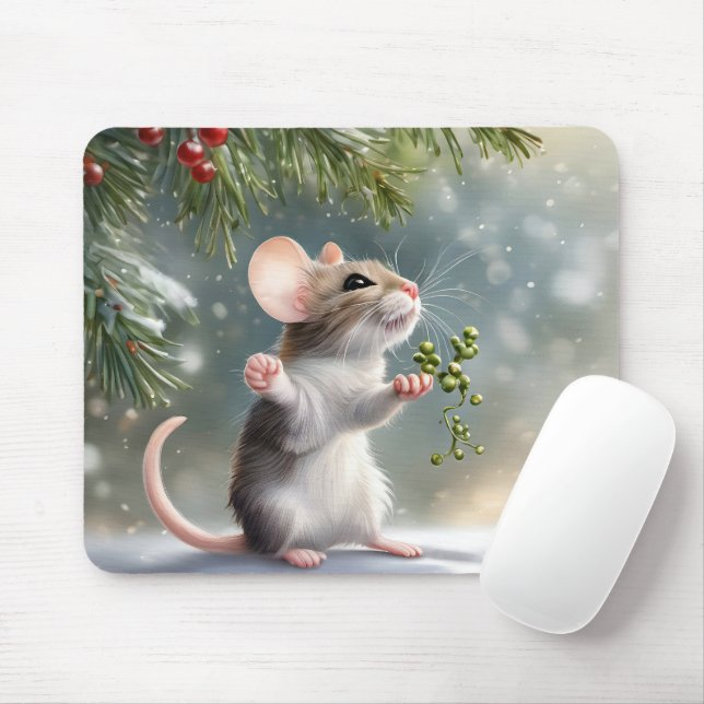 Maus hält einen Mistletoe Sprig Mousepad (Mit Mouse)