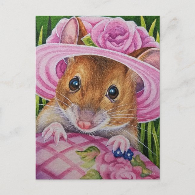 Maus in Bonnet gefunden rosa Eier Wasserfarbe Kuns Postkarte (Vorderseite)