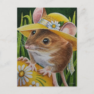 Maus in Bonnet Gelb Eier Wasserfarbe Kunst Postkarte