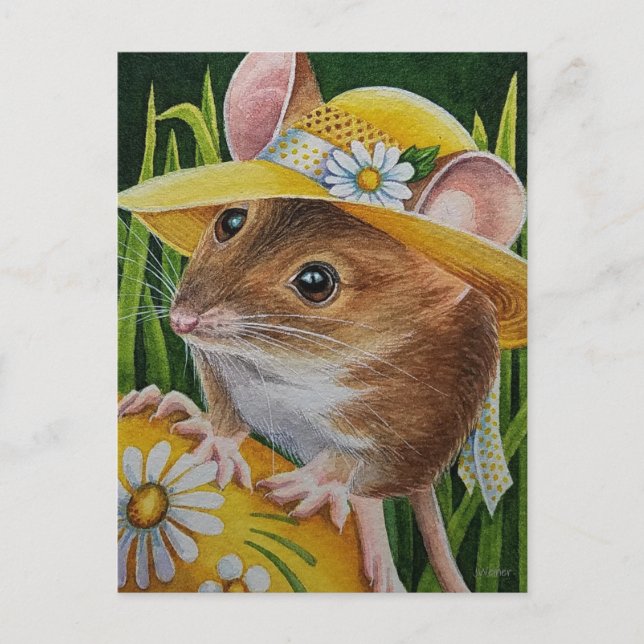 Maus in Bonnet Gelb Eier Wasserfarbe Kunst Postkarte (Vorderseite)