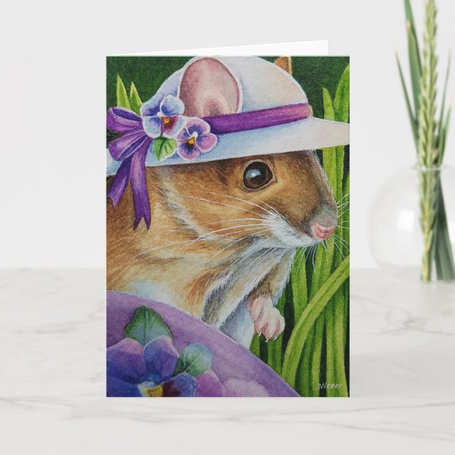 Maus in Bonnet Lila Ei Wasserfarbe Kunst Karte (Vorderseite)