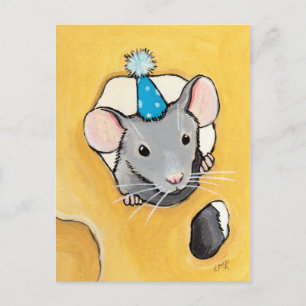 Maus in einem Blue Party Hat - Animal Art Postcard Postkarte