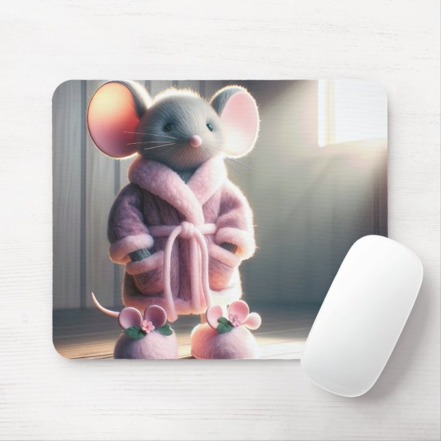 Maus in einem rosa Robe und Hausschuhe Mousepad (Mit Mouse)