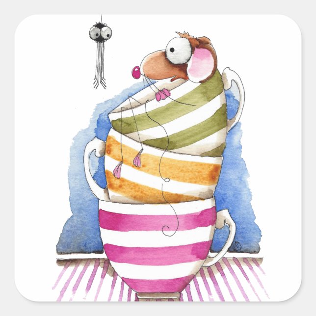Maus in einer Tasse Quadratischer Aufkleber (Vorderseite)