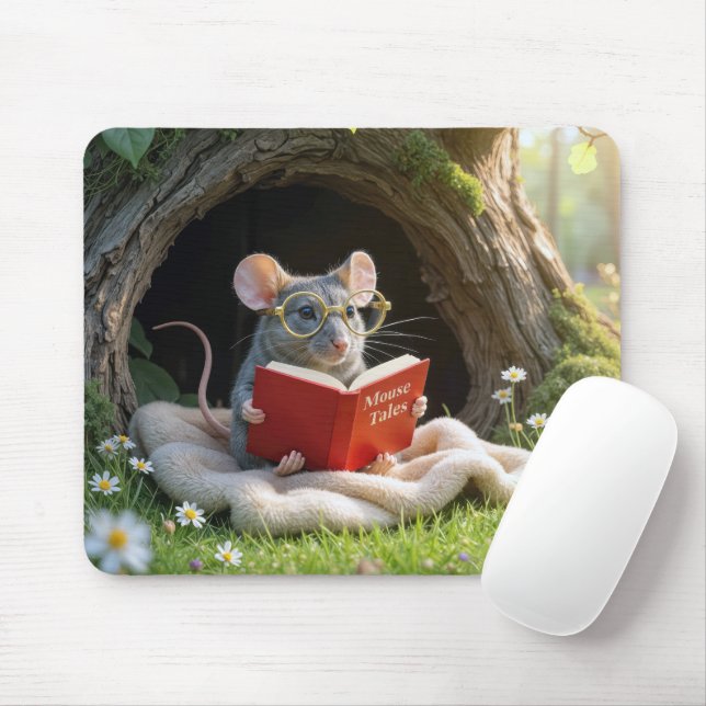 Maus liest ein rotes Buch auf einer Decke Mousepad (Mit Mouse)