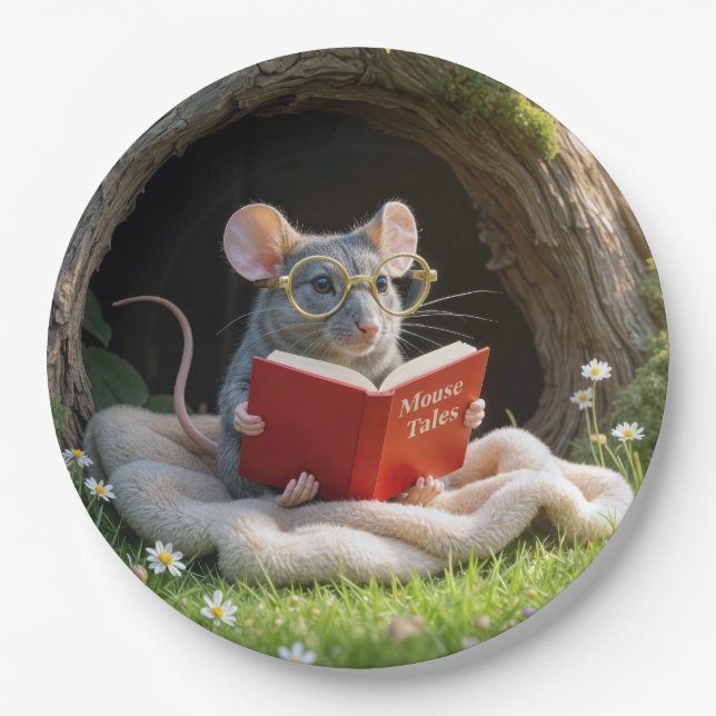 Maus liest ein rotes Buch auf einer Decke Pappteller (Vorderseite)