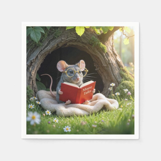 Maus liest ein rotes Buch auf einer Decke Serviette (Vorderseite)