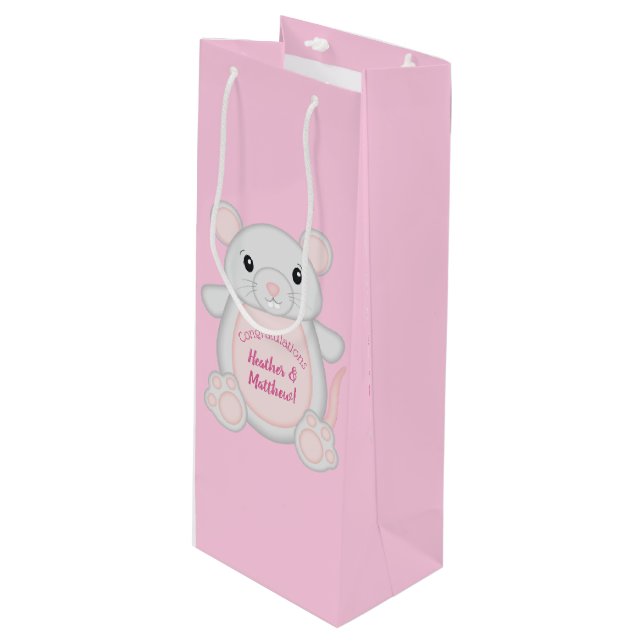 Maus Mäuse Baby Dusche Rosa Geschenktüte Für Weinflaschen (Vorderseite Schrägansicht)