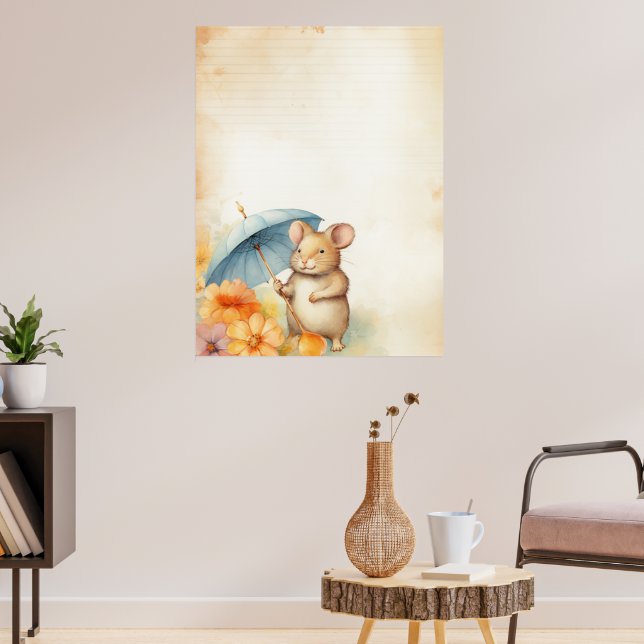 Maus mit blauem Schirm orange-rosa Blume Papier Poster (Wohnzimmer 3)