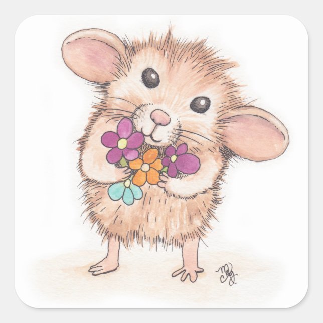 Maus mit Blume Bouquet Quadratischer Aufkleber (Vorderseite)