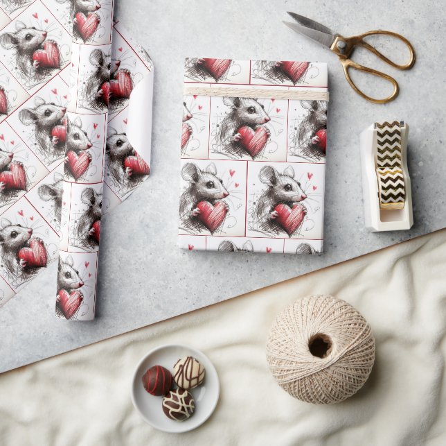 Maus mit einer Skizze aus rotem Herzen Geschenkpapier (Kunsthandwerk)