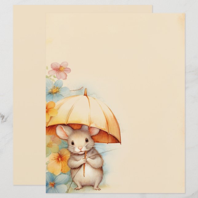 Maus mit gelbem Regenschirm in orange-rosa Blume (Vorne/Hinten)