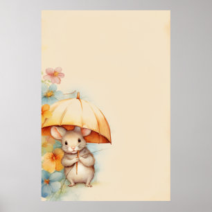 Maus mit gelbem Regenschirm in orange-rosa Blume Poster