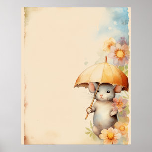 Maus mit gelbem Regenschirm Wasserfarbenhintergrun Poster