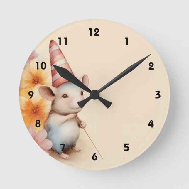Maus mit gestreiften, orangefarbenen Blume Runde Wanduhr (Vorderseite)
