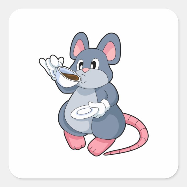 Maus mit Kaffee-Cup Quadratischer Aufkleber (Vorderseite)