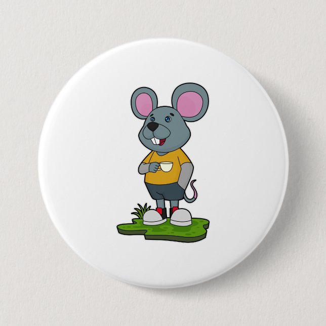 Maus mit Kaffeetasse Button (Vorderseite)