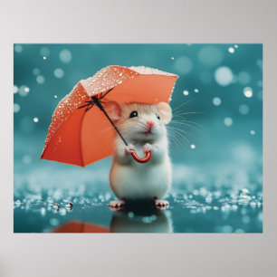 Maus mit Regenschirm in Regen: Niedliche Regentage Poster