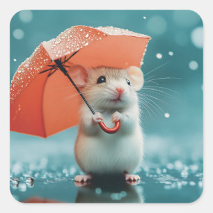 Maus mit Regenschirm in Regen: Niedliche Regentage Quadratischer Aufkleber
