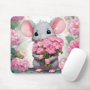 Maus mit rosa Blume Bouquet Mousepad
