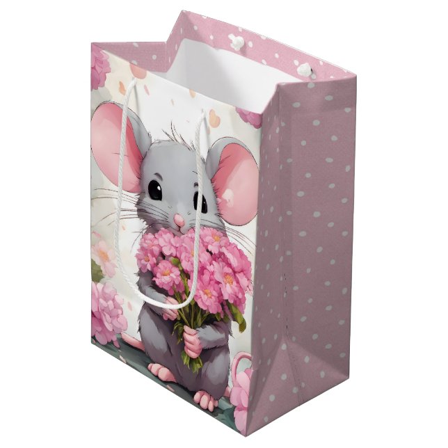 Maus mit rosa Blume und Polka Docks Mittlere Geschenktüte (Vorderseite Schrägansicht)