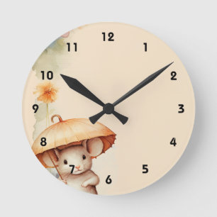 Maus mit Schirm-orange-blaues rosa Papier Runde Wanduhr