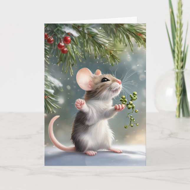 Maus mit Sprig von Mistletoe Feiertagskarte (Vorderseite)