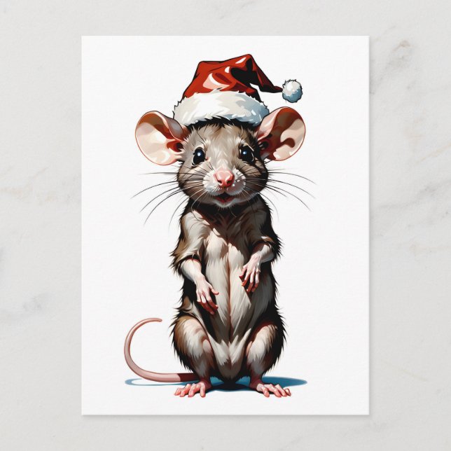 Maus mit Weihnachtsmannmütze Postkarte (Vorderseite)