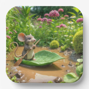 Maus Rudern eines grünen Leaf-Bootes Pappteller