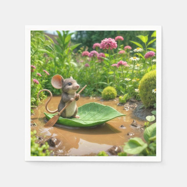 Maus Rudern eines grünen Leaf-Bootes Serviette (Vorderseite)