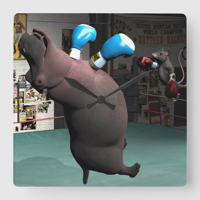 Maus schlägt Flusspferd KO Quadratische Wanduhr (Vorderseite)