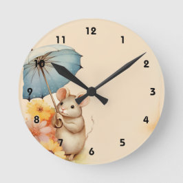 Maus und Blume rosa blaues Papier Runde Wanduhr