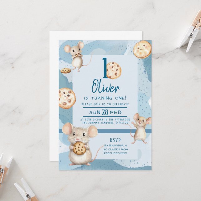 Maus und Cookie zum Geburtstag Einladung (Vorderseite/Rückseite Beispiel)