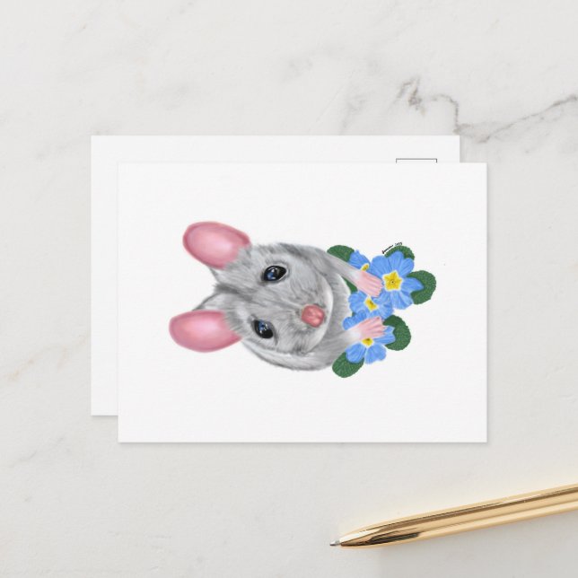 Maus und Primrose Blume Postkarte drucken (Vorderseite/Rückseite Beispiel)