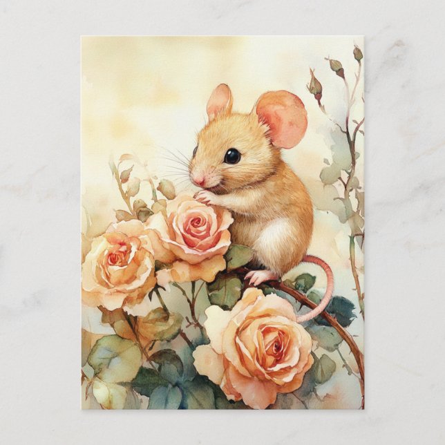 Maus und rosa Rosen Postkarte (Vorderseite)