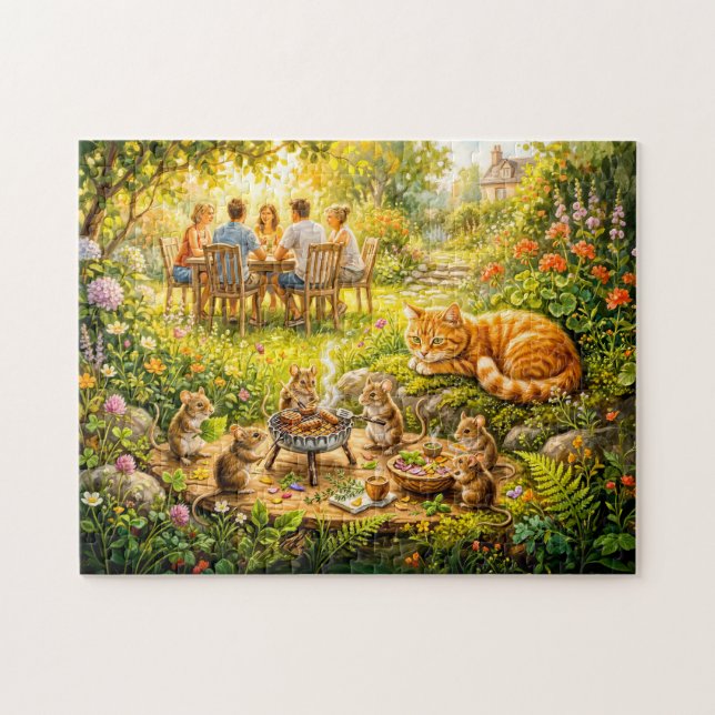 Mäuse-Garten-Grillfest mit beobachtender Katze Puzzle (Horizontal)