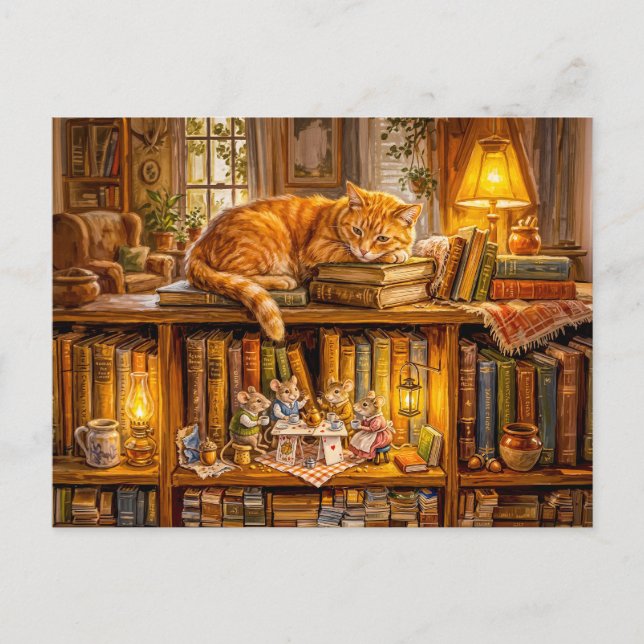 Mäuse-Kaffeetreff im Bücherregal Postkarte (Vorderseite)