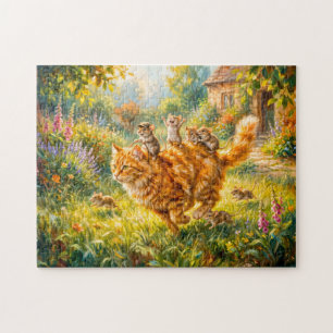 Mäuse reiten auf einer Katze durch den Garten Puzzle