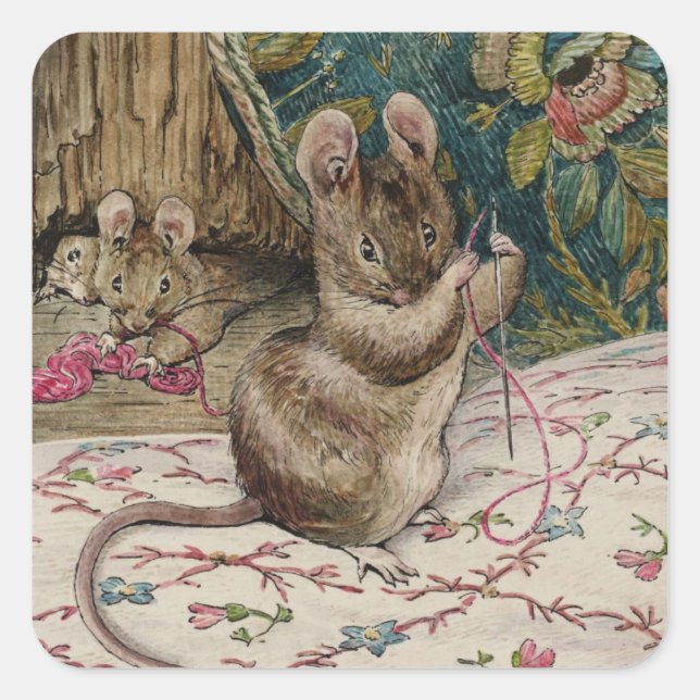 Mäuse Sticken eines Waistcoat Beatrix Potter 1902 Quadratischer Aufkleber (Vorderseite)
