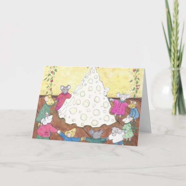 Mäuse um einen Käse Weihnachtsbaum Feiertagskarte (Vorderseite)