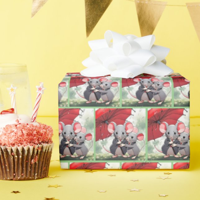 Mäuse unter einem roten Schirm Geschenkpapier (Geburtstagsparty)