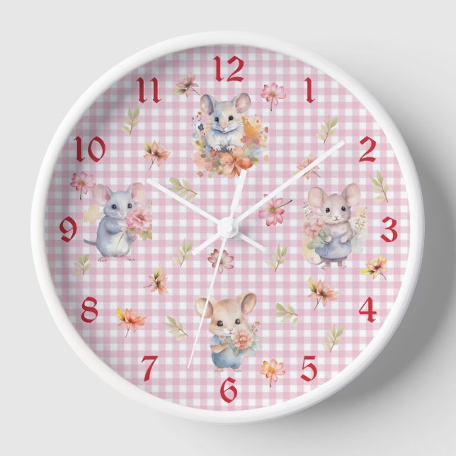 Mäuse verzaubern auf rosa Gingham Karo Wall Clock Uhr (Vorderseite)
