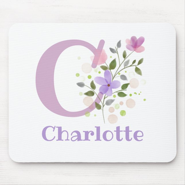 Mauspad Initial Plus Name & Blumen Design (Vorne)