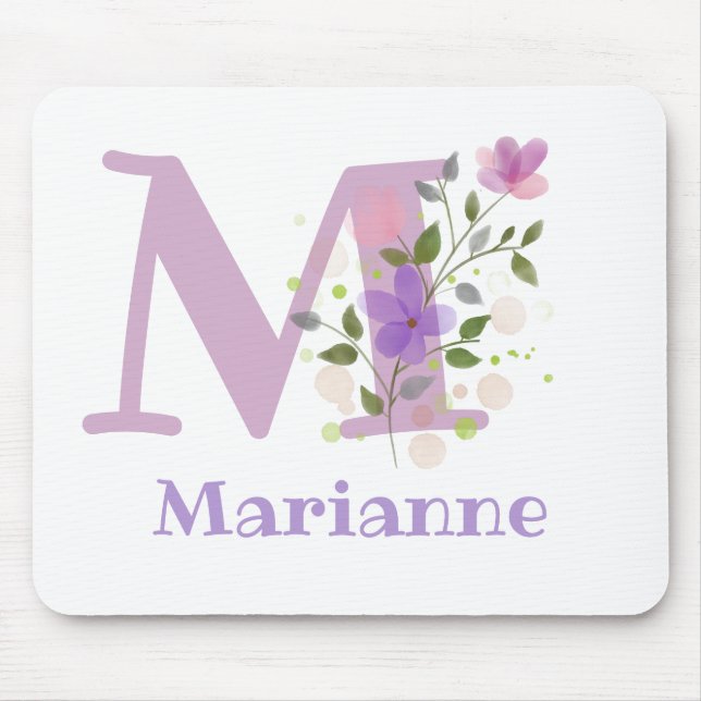 Mauspad Initial Plus Name & Blumen Design (Vorne)