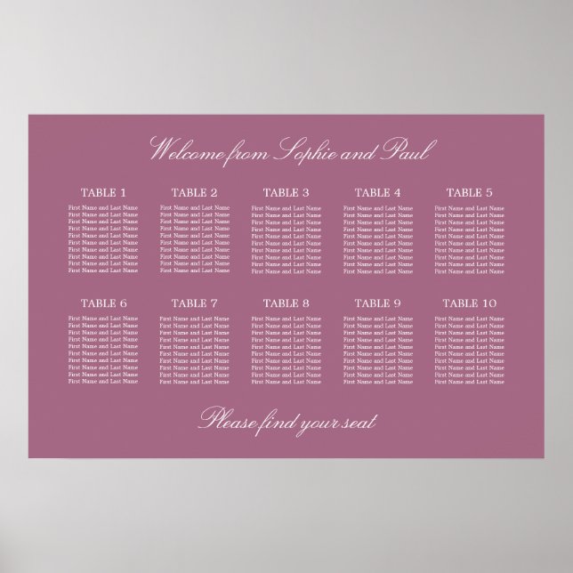 Mauve 10 Table Wedding Seating Chart Poster (Vorne)