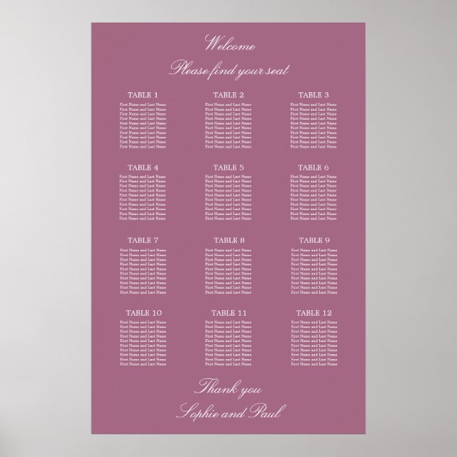 Mauve 12 Tabelle Hochzeitsdiagramm Poster (Vorne)